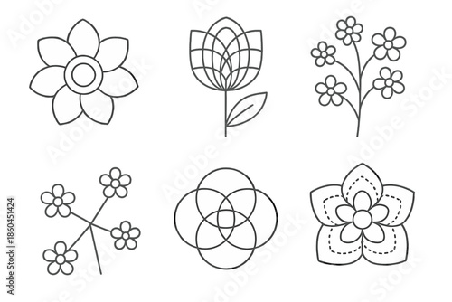 Heritage Floral Icons. Line style icons of heritage floral planning systems: traditional bloom diagram, layered historical petal