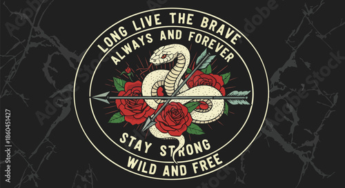 Tattoo Sticker Style Snake, Roses, and Arrow - Symbol of Strength, Bravery, and Freedom.