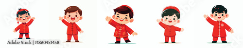 vector little boy standing waving hand celebrating Chinese New Year