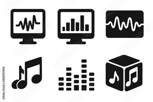 Music Visualization Icons. Solid style icons of music visualization software: sound graph, spectrum analyzer, waveform display, 3D