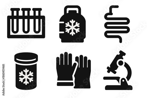 Cryogenic Lab Tools Icons. Solid style icons of cryogenic laboratory tools: test tube rack, nitrogen tank, cooling coil, sample