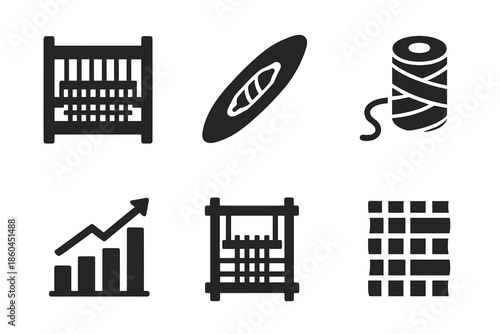 Collective Weaving Icons. Solid style icons of collective weaving progress: loom, shuttle, thread roll, progress chart, weaving