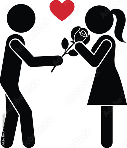 Stick figure man giving a rose to a stick figure woman, symbolizing a romantic gesture.