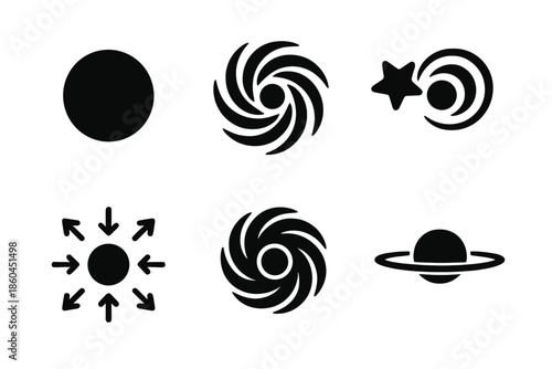 Black Hole Icons. Solid style icons of black hole forgotten events: black hole, swirling vortex, disappearing star, gravitational