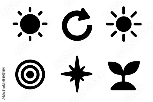 Light Refresh Icons. Solid style icons of light-refresh initiation points: glowing circle, arrow, sunbeam, ripple effect, spark,