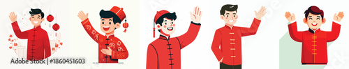 vector half body man gesture waving hand celebrating Chinese New Year