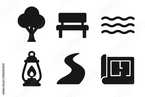 Peace Sanctuary Elements. Solid style icons of peace sanctuary builders: tree, bench, calm water, lantern, pathway, blueprint No
