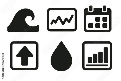 Nostalgia Tide Icons. Solid style icons of nostalgia tide prediction systems: wave icon, trend graph, calendar, arrow indicator,