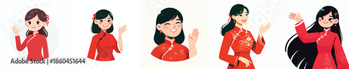 vector half body woman gesture waving hand celebrating Chinese New Year