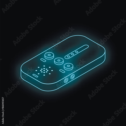 Voice recorder glowing with futuristic neon light on a black background, representing audio recording technology