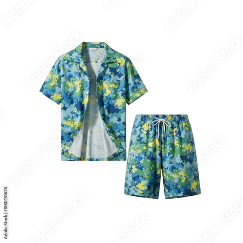Blue and yellow floral matching shirt and shorts outfit