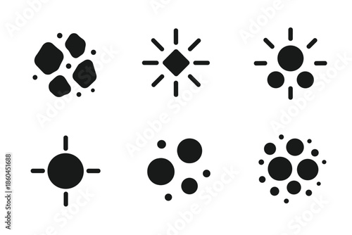 Ember Alert Icons. Solid style icons of ember alert patterns: glowing embers, arranged sparks, subtle flashes, notification orbs,