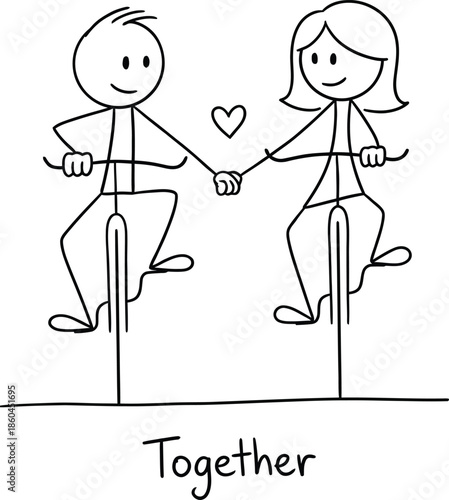 A cute stick figure couple riding bicycles together, symbolizing love and companionship