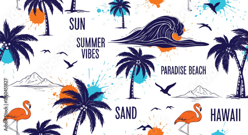 Tropical Summer Vibes Tropical Pattern of Palm Trees, Flamingos, Waves and Mountains on White Background.