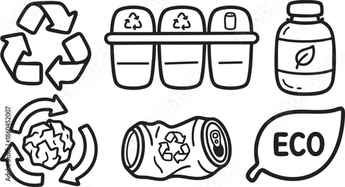 Hand drawn recycling symbols trash cans bottle and crumpled can with eco text