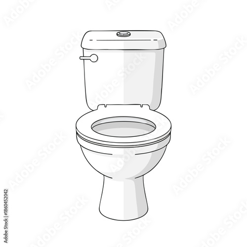 A schematic illustration of a white toilet with the lid raised, in simple black lines