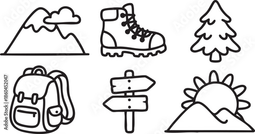 Set of hand drawn outdoor adventure including mountains clouds boot backpack tree signpost sun