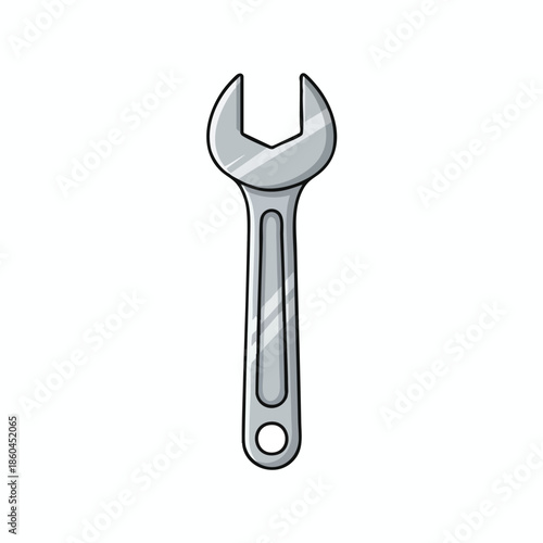 A silver wrench, with a U-shaped head and a hole at the handle's bottom