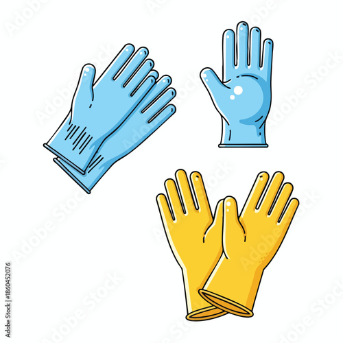 A cartoon-style illustration showing three sets of gloves of blue and yellow colors