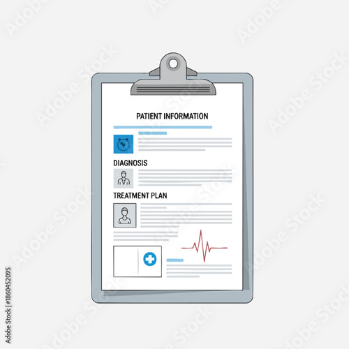 A medical clipboard with patient information, diagnosis, and treatment plan