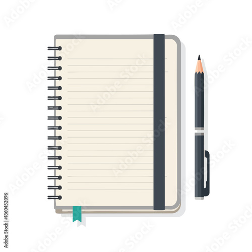 A lined notebook with a spiral binding, elastic strap, and a pencil on a white backdrop