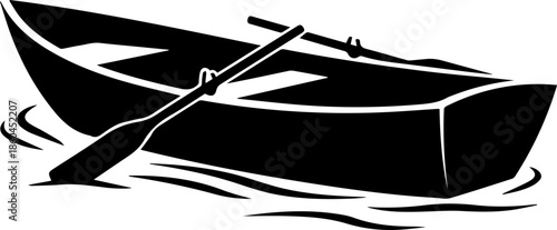 Rowboat silhouette gliding peacefully on water, evoking serenity and adventure, perfect for travel, leisure, and outdoor themes.