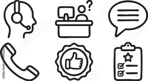 Set of six black outline representing customer service and communication headset