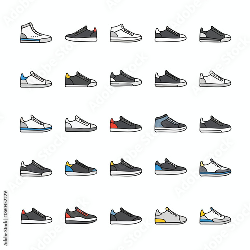A collection of various sneakers designs, each with a different color scheme