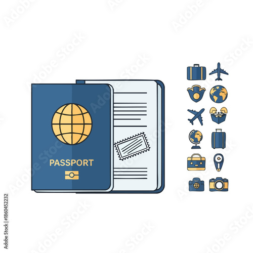 A blue passport and related travel icons on white background