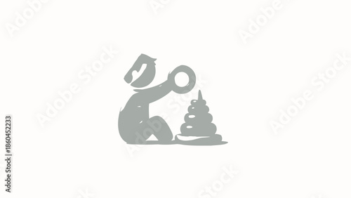 Person constructing a pyramid with toy blocks on a flat surface from a side view