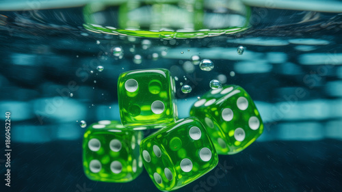 Green dice in water splash with transparent texture in cool blue lighting for casino advertising
