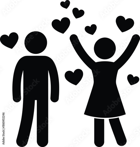 Stick figure icon of a loving couple celebrating their affection with hearts floating around them