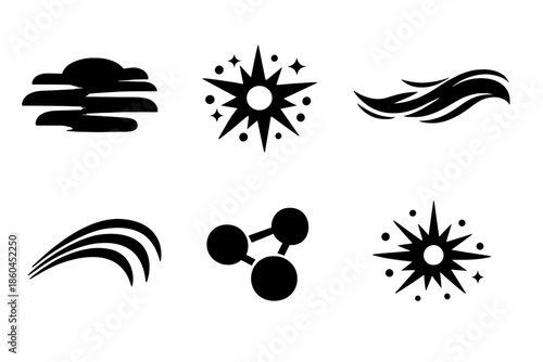 Fading Emergence Icons. Solid style icons of Fading Emergence: fog line, sky bloom, airy thread, flowing arc, soft node, luminous