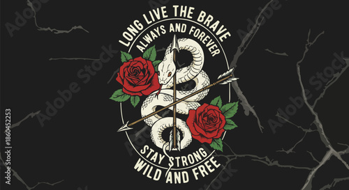 Victorious White Snake with Red Roses and Arrow, Inspiring Quote Graphic.