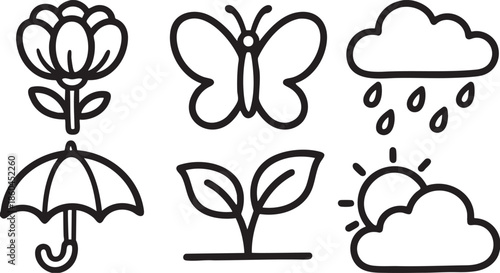Simple black line of a flower butterfly rain cloud umbrella seedling and sun