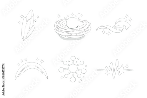 Gentle Radiance Icons. Solid style icons of Gentle Radiance: air shard, light nest, flowing thread, soft arc, luminous node,