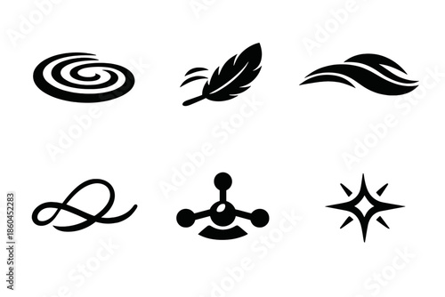 Tranquil Path Icons. Solid style icons of Tranquil Path: sand mark, drift wing, flowing arc, soft thread, grounded node, luminous