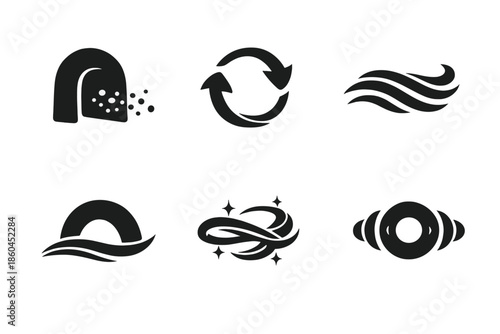 Subtle Flow Icons. Solid style icons of Subtle Flow: dust gate, wind loop, flowing line, airy arc, luminous thread, soft pulse No
