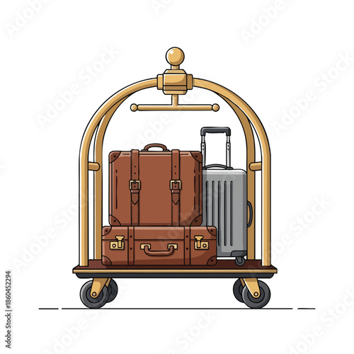 Hotel luggage cart filled with stacked suitcases and a rolling travel bag
