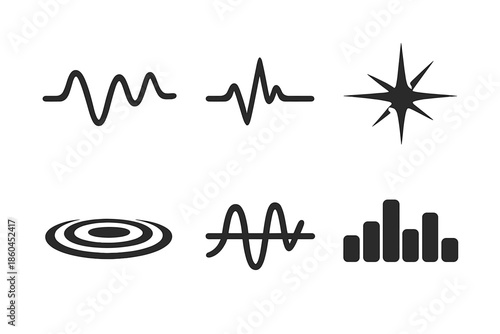 Data Signal Icons. Solid vector icons of data and signals: waveform, pulse, spark, ripple, oscillation, frequency No text, No