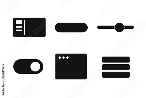 Interface Icons Collection. Solid vector icons of interface components: panel, button, slider, toggle, window, menu No text, No