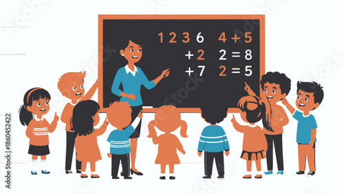 A teacher explaining math problems on a blackboard to a group of children in a classroom setting