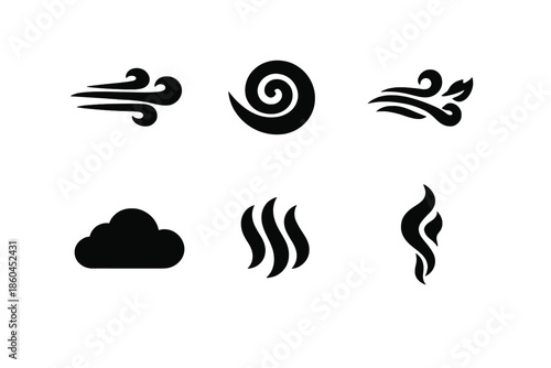 Air Element Icons. Solid vector icons of air and wind elements: gust, swirl, breeze, cloud, vapor, wisp No text, No labels,