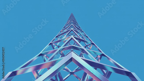 Metallic Tower Structure in Modern Futuristic Design with Iridescent Colors and Neon Lighting for Technology Background