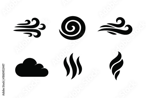 Air Element Icons. Solid vector icons of air and wind elements: gust, swirl, breeze, cloud, vapor, wisp No text, No labels,