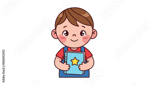A young boy holding a certificate with a star on it happily