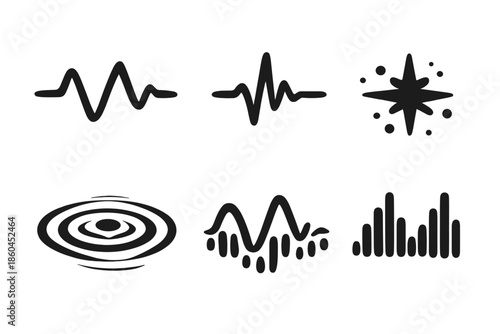 Data Signal Icons. Solid vector icons of data and signals: waveform, pulse, spark, ripple, oscillation, frequency No text, No