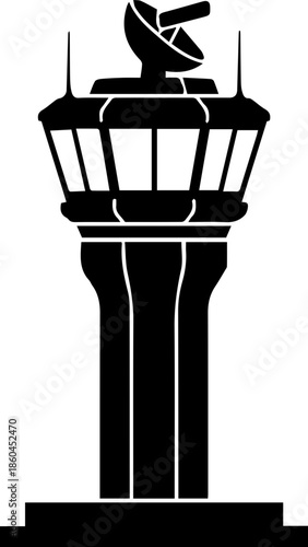 Sleek black silhouette of control tower with radar, aviation design for airport services and air traffic management visuals for website icons and apps