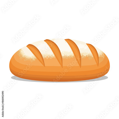 A loaf of bread, golden crust, with top cuts, resting on a white background