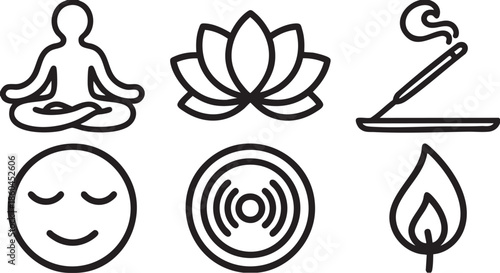 Six black line representing meditation lotus incense happy face sound waves and flame yoga calm